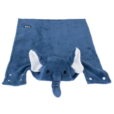 Blue cuddly blanket with elephant head, white ears and press studs. Brand: Trixie.