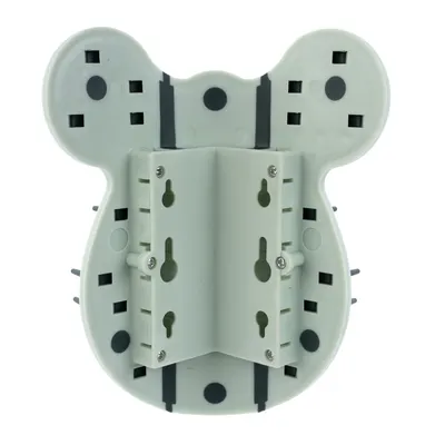 Plastic holder in the shape of an animal head with multiple mounting holes and screws, suitable for wall mounting.
