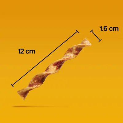 Twisted chew stick with size diagram showing 12 cm length and 1.6 cm width on orange background