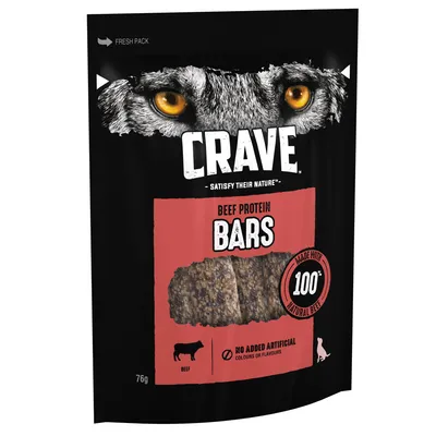 Crave beef protein bars, made with 100% natural beef, no added artificial colours or flavours, 76g pack. Product image shows the bars and key features.