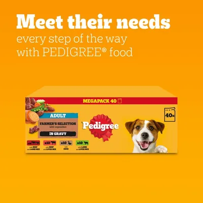 Pedigree Adult Farmer's Selection in Gravy Megapack 40, includes beef and lamb mix, beef and liver mix, duck, and lamb and liver mix. Text: Meet their needs every step of the way.
