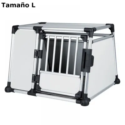 Transportín de aluminio y plástico con barrotes metálicos, puerta frontal y texto visible: Tamaño L.