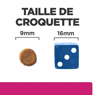 Taille de croquette : croquette ronde 9 mm à côté d’un dé bleu 16 mm pour comparaison visuelle. Texte visible : TAILLE DE CROQUETTE, 9 mm, 16 mm.