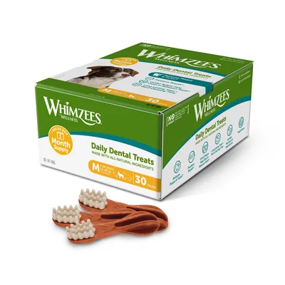Whimzees Wellness Daily Dental Treats, 30 Stück, für Hunde von 12-18 kg. Natürliche Zutaten, ohne künstliche Zusätze, fördert Zahnpflege. Packungsgrösse: 500g.