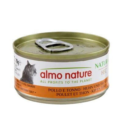 Almo Nature HFC Nassfutter für Katzen, Sorte Huhn und Thunfisch, 70g Dose. Text: 'All profits to the planet'.