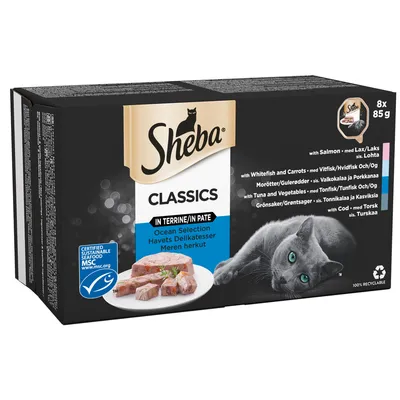 Sheba Classics Ocean Selection in terrine, 8 x 85g. Includes salmon, whitefish and carrots, tuna and vegetables, cod. Certified sustainable seafood MSC.