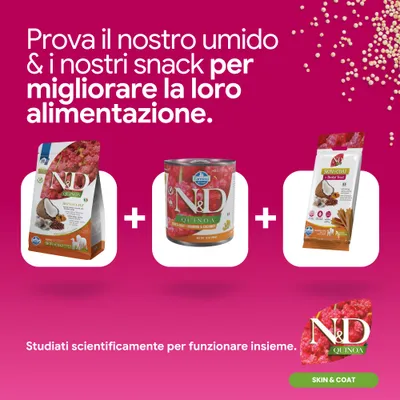 N&D Quinoa skin & coat crocchette, alimento umido e snack. Sviluppato scientificamente per un'alimentazione combinata. N&D Quinoa skin & coat crocchette, alimento umido e snack. Sviluppato scientificamente per un'alimentazione combinata.