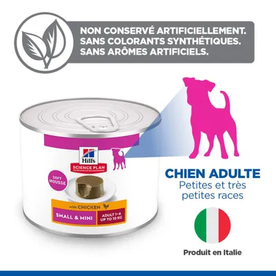 Hill's Science Plan Mousse Souple au poulet pour chiens adultes de petite et très petite taille, sans conservateurs, colorants ni arômes artificiels, fabriqué en Italie. Hill's Science Plan Mousse Souple au poulet pour chiens adultes de petite et très petite taille, sans conservateurs, colorants ni arômes artificiels, fabriqué en Italie.