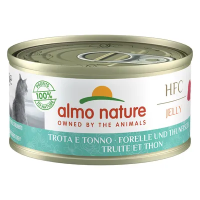 Boîte Almo Nature HFC Jelly truite et thon, texte visible : Profits 100% to nature, Owned by the animals, Forelle und Thunfisch, image de chat sur l’étiquette.