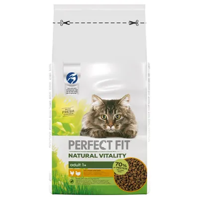 Perfect Fit Natural Vitality adult 1+ with fresh chicken and turkey, 70% protein from animal sources, made with natural ingredients, developed with veterinarians.