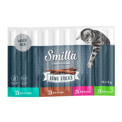 Smilla Long Sticks Mixed Pack, 10x5g. Getreidefreie Rezeptur, weich und fleischig. Sorten: 3x Kaninchen, 3x Lamm, 2x Gans, 2x Wild. Katze abgebildet auf Verpackung.