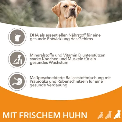 DHA für gesunde Gehirnentwicklung, Mineralstoffe und Vitamin D für Knochenwachstum, Ballaststoffe mit Präbiotika für Verdauung. Mit frischem Huhn.
