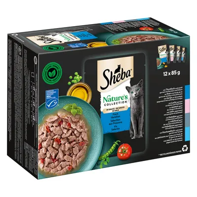 Boîte Sheba Nature’s Collection Sélection aux poissons en sauce, 12 x 85 g. Texte visible : certifié MSC, ingrédients illustrés (petits pois, tomate, huile). Image d’un chat et d’une assiette.