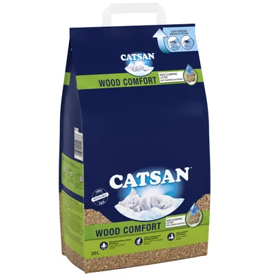 Catsan Wood Comfort non-clumping litter, 20L pack. Features include easy opening, 100% recyclable pack, absorbs before odour develops, 100% natural and biodegradable.