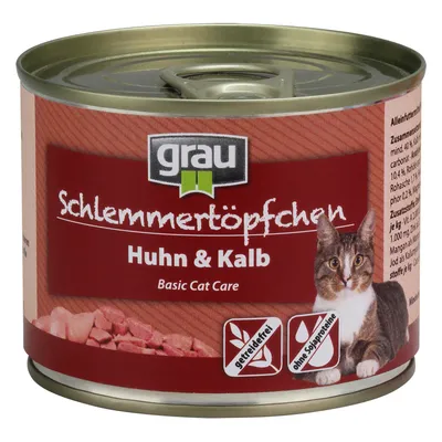 grau Schlemmertöpfchen Huhn & Kalb Basic Cat Care dåsemad til kat, synligt mærket med 'getreidefrei' og 'ohne Sojaproteine', billede af kat på emballagen.