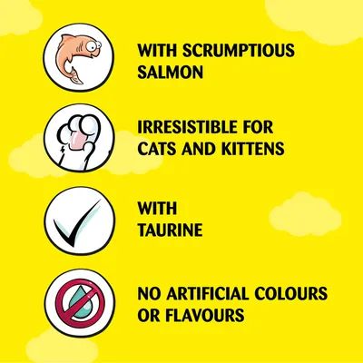 With scrumptious salmon, irresistible for cats and kittens, with taurine, no artificial colours or flavours.