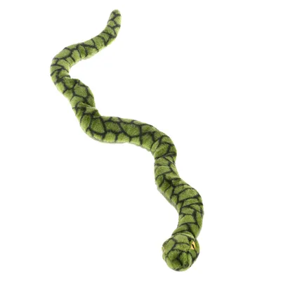 Green plush toy in snake shape with yellow eyes and black pattern.