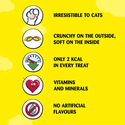 Irresistible to cats, crunchy on the outside and soft inside, only 2 kcal per treat, contains vitamins and minerals, no artificial flavours.