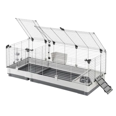 Large cage with metal mesh walls, plastic base, folding lid, food container and ramp. Suitable for small animals.
