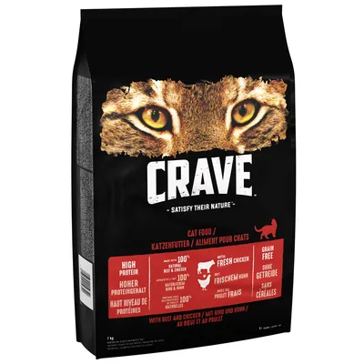 Crave cat food with high protein, made from 100% natural beef and chicken, contains fresh chicken, grain free. Text in English, German and French on packaging.