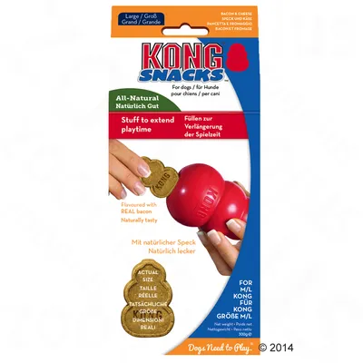 KONG SNACKS -koiranherkut, makuina pekoni ja juusto, pakkauksessa näkyy käsi asettamassa herkkua punaiseen KONG-leluun. Teksti: All-Natural, Large, for M/L KONG, paino 300 g.