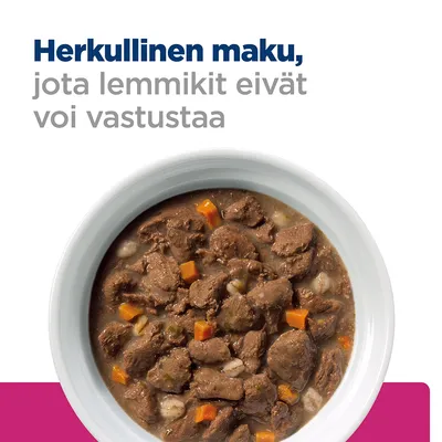 Teksti: Herkullinen maku, jota lemmikit eivät voi vastustaa. Kuvassa kulhollinen lihapaloja ja vihanneksia kastikkeessa.