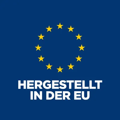 Hergestellt in der EU, umgeben von einem Kreis aus gelben Sternen auf blauem Hintergrund.