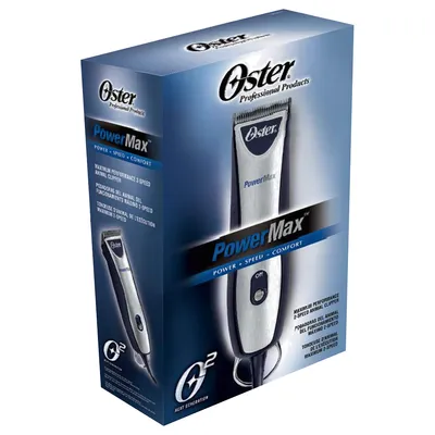 Oster Professional Products PowerMax klippemaskine, tekst: POWER • SPEED • COMFORT, Maximum Performance 2-Speed Animal Clipper, billede af klippemaskinen på emballagen.