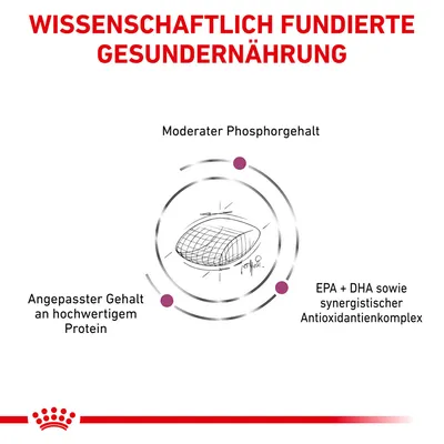 Texte en allemand : Wissenschaftlich fundierte Gesundernaehrung, Moderater Phosphorgehalt, Angepasster Gehalt an hochwertigem Protein, EPA + DHA sowie synergistischer Antioxidantienkomplex.