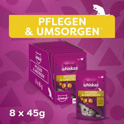 Whiskas Pflegen & Umsorgen, 8 x 45g, mit Huhn. Verpackung und Einzelbeutel sichtbar.