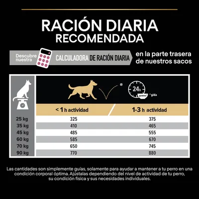 Tabla de ración diaria recomendada para perros según peso y nivel de actividad: 25–90 kg, menos de 1 h o 1–3 h de actividad. Incluye calculadora de ración diaria y texto explicativo.