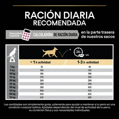 Tabla de ración diaria recomendada para perros según peso y nivel de actividad, desde 1 kg hasta 70 kg, con cantidades en gramos por día para menos de 1 h y 1–3 h de actividad.