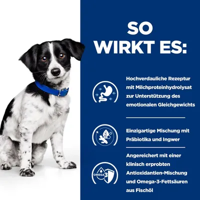So wirkt es: Hochverdauliche Rezeptur mit Milchproteinhydrolysat, einzigartige Mischung mit Präbiotika und Ingwer, angereichert mit Antioxidantien und Omega-3-Fettsäuren aus Fischöl.