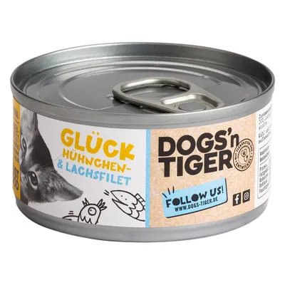 Dogs'n Tiger Glück filet z kurczaka i łososia. Ilustracja kota, kury i ryby na puszce.