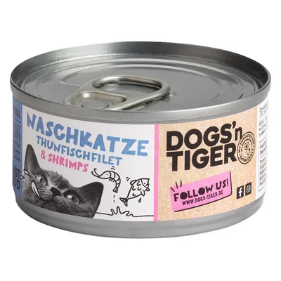 Dogs'n Tiger Naschkatze filet z tuńczyka i krewetki. Ilustracja kota z rybą i krewetką. Uwaga: Follow us! www.dogs-tiger.de.