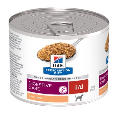 Hill's Prescription Diet Digestive Care i/d karma dla psów z indykiem, polecana przez weterynarzy. Puszka z ilustracją karmy na łyżce.