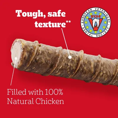 Text: Tough, safe texture. Filled with 100% Natural Chicken. Sigill: European Veterinary Dental Society (EVDS). Bild på tuggsnacks med fyllning.