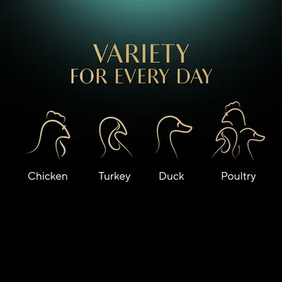 Variety for every day. Icons and text show chicken, turkey, duck, and poultry as available options.