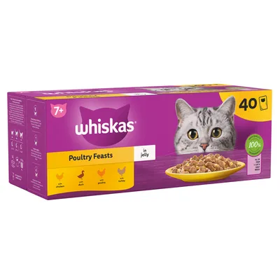 Whiskas Poultry Feasts in jelly, 40-pack for ages 7+, includes chicken, duck, poultry and turkey varieties. 100% recyclable packaging.