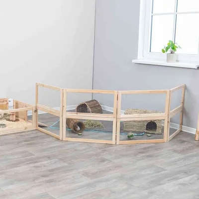 Recinto in legno con pareti a griglia, adatto per piccoli animali. Include tunnel e fieno come accessori, posizionato in un ambiente interno con finestra.