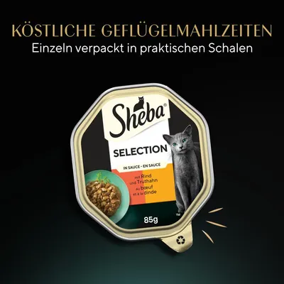 Sheba Selection in Sauce, einzeln verpackt in praktischen Schalen, mit Rind und Truthahn, 85g. Köstliche Geflügelmahlzeiten.