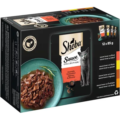 Sheba Sauce Collection, 12 x 85g, wykwintna kompozycja z wołowiną, kurczakiem, jagnięciną i indykiem. Z naturalnymi i wysokiej jakości składnikami. Sheba Sauce Collection, 12 x 85g, wykwintna kompozycja z wołowiną, kurczakiem, jagnięciną i indykiem. Z naturalnymi i wysokiej jakości składnikami.