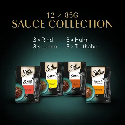 Sheba Sauce Collection 12 x 85 g : 3 x Rind, 3 x Lamm, 3 x Huhn, 3 x Truthahn. Quatre sachets visibles avec un chat et le nom de la variété en allemand sur chaque emballage.