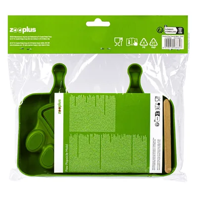 Zooplus Popsicle Mold, zöld forma jégkrémhez csomagolási jelzésekkel: újrahasznosítható, élelmiszerbiztos, PE és PAP anyagok. Tartalmaz fa pálcikákat.
