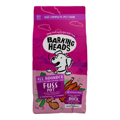 Barking Heads All Hounder Fuss Pot, medium size kibble for adult dogs, grain free, made with freshly prepared free-run duck and sweet potato, contains 50% duck, made with natural ingredients.