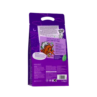 Back of pet food bag showing feeding guide, ingredient highlights such as natural ingredients and added vitamins, contact information, and a visible weight of 1.5kg.