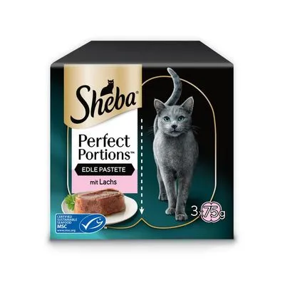 Sheba Perfect Portions Edle Pastete mit Lachs, 3×75g. MSC-keurmerk zichtbaar op verpakking.
