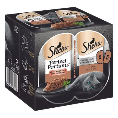 Sheba Perfect Portions Delicious Sauce with Duck, Fresh Pack x6, total weight 225g. Opening and serving instructions visible on packaging.