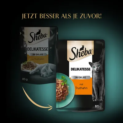 Sheba Delikatesse in Gelee mit Truthahn, 85g. Text: Jetzt besser als je zuvor!