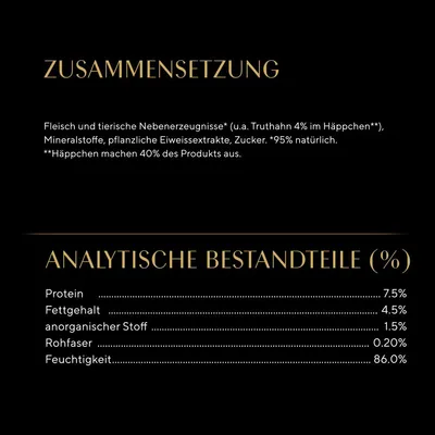 Zusammensetzung: Fleisch und tierische Nebenerzeugnisse, Truthahn 4%, Mineralstoffe, pflanzliche Eiweissextrakte, Zucker. Analytische Bestandteile: Protein 7.5%, Fettgehalt 4.5%, Feuchtigkeit 86%.
